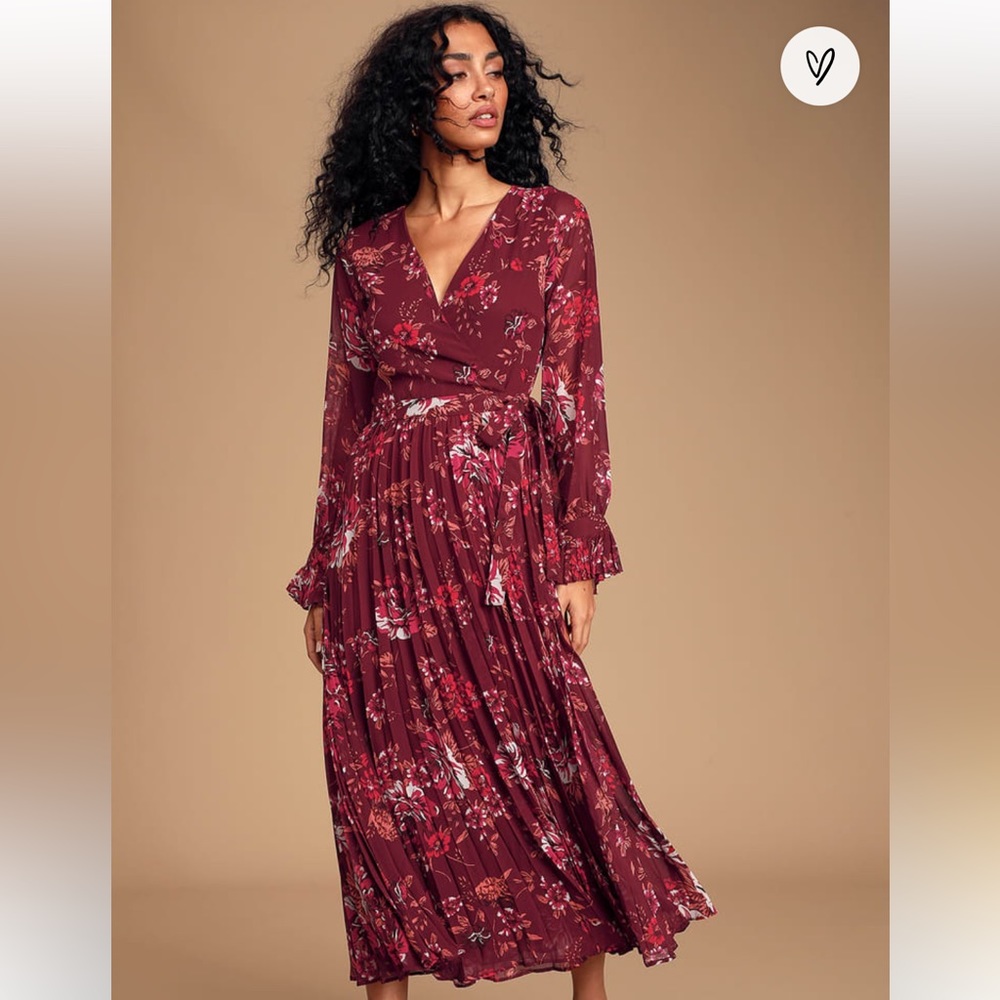 Lulu’s Khari Burgundy Floral Print Pleated Wrap Maxi Dress